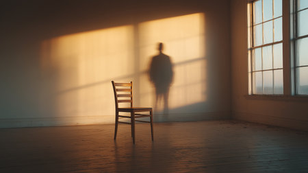 A lone chair sits in an empty room as a shadowy figure looms, evoking isolationの素材