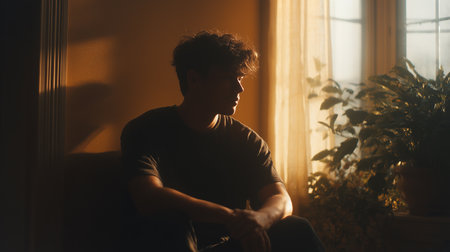 A person sits silently in a sunlit room, lost in thoughts of loneliness and mental challengesの素材