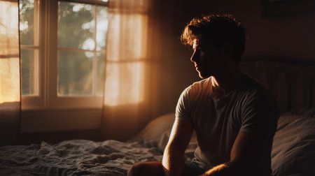 Individual sits on a bed in soft evening light, reflecting feelings of burnout and depressionの素材
