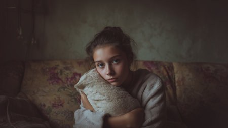 A young person sits on a couch, holding a soft blanket close, lost in thought and emotionの素材