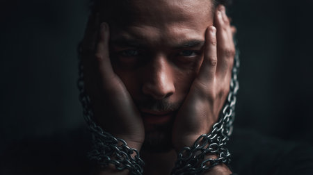 A person sits in darkness, hands on their face, conveying deep emotional pain and isolationの素材