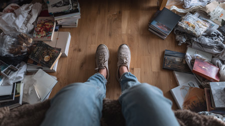 A person sits among piles of disorganized items, reflecting on feelings of burnout and lonelinessの素材