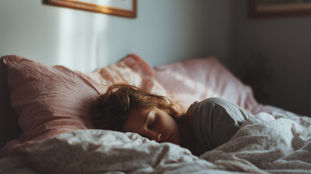A young person lies in bed, surrounded by soft blankets, showing signs of fatigue and lonelinessの素材
