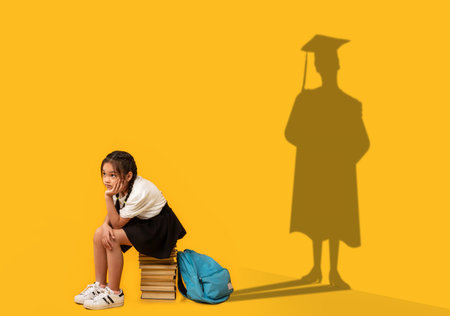 Pensive Asian schoolgirl sitting on stack of books, dreaming of college graduation, shadow of university student on wallの写真素材