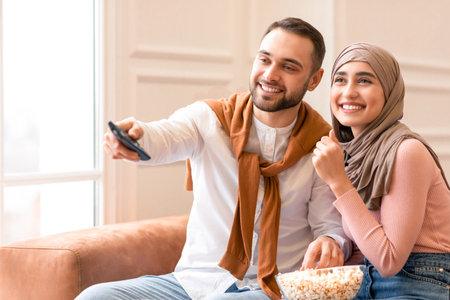 Muslim Millennial Couple Watching TV Eating Popcorn At Home