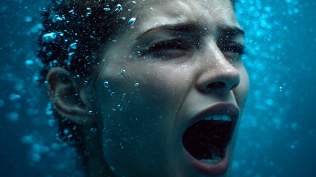 A person is submerged in water, expressing a profound sense of fear and panic as they yellの素材