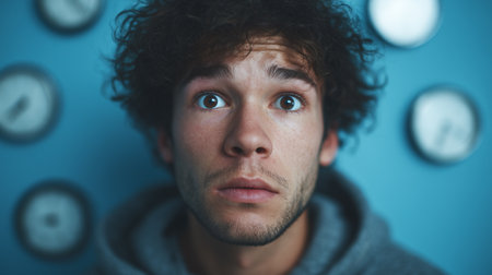 A person experiences intense thoughts about fear and anxiety in a softly illuminated spaceの素材