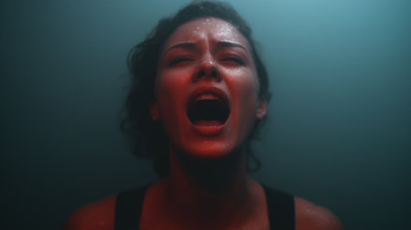 A person expresses deep fear and distress in a dimly lit environment, surrounded by hazy colorsの素材