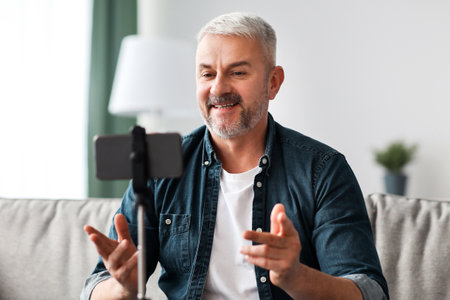 Smiling senior man vlogger broadcasting from homeの写真素材