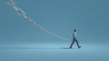 A person walks with a large chain linked to their body, symbolizing emotional struggles and guiltの素材