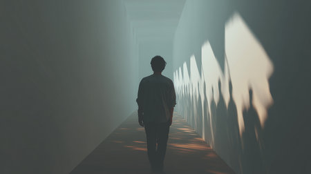 A person walks alone in a narrow hallway filled with shadows, reflecting emotional burdensの素材