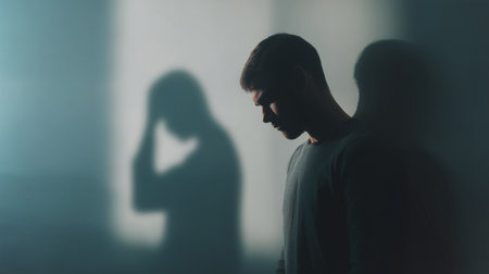 A person in low light feels overwhelmed by guilt and shame, deep in reflectionの素材