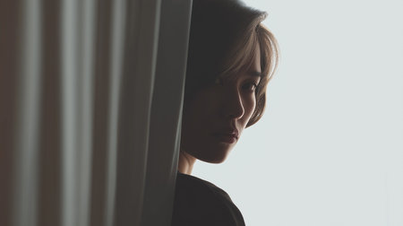 A person leans against a doorframe, deep in thought, reflecting on shame and emotional pressureの素材