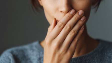 A person covers their mouth, revealing deep emotional pressure and internal conflict in their eyesの素材