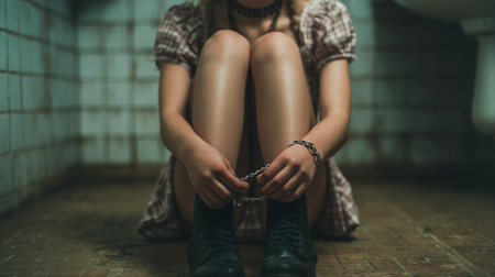 A person sits on a dirty floor, shackled and overwhelmed by emotions of shame and guiltの素材
