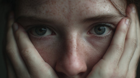 A person shows deep emotional distress while holding their face with both handsの素材