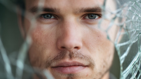 A person gazes through shattered glass, expressing deep emotions tied to shame and guiltの素材