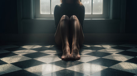 A person sits on the floor, reflecting on emotions of shame and guilt in a quiet, dim roomの素材