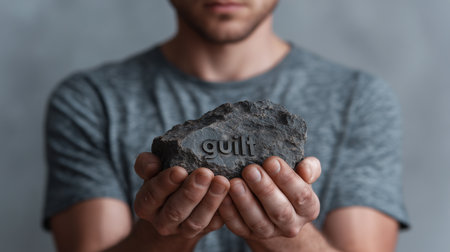 Individual displays a heavy rock labeled with guilt, representing emotions of shame and pressureの素材