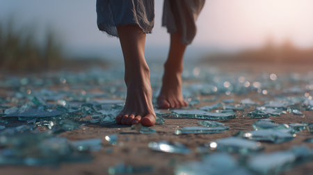 A person walks barefoot on sharp glass shards, navigating emotional pressures and burdensの素材