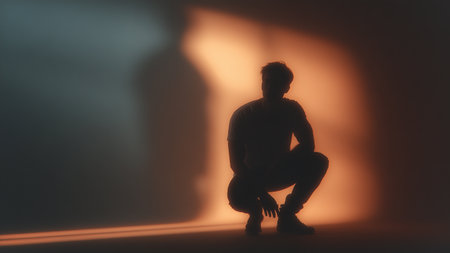 A person crouches down in a dimly lit setting, surrounded by shadows that evoke strong emotionsの素材
