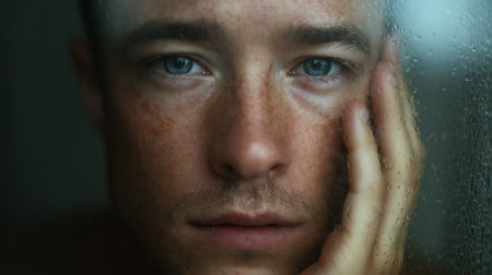 A young man expresses deep emotions, facing feelings of shame and guilt through a thoughtful gazeの素材