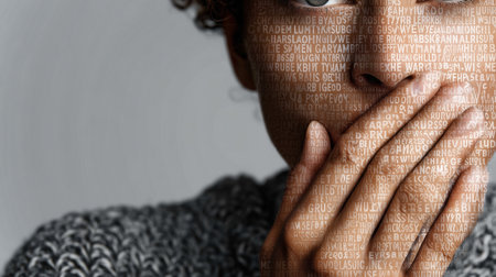 A person with a contemplative expression covers their mouth, reflecting deep emotional burdensの素材