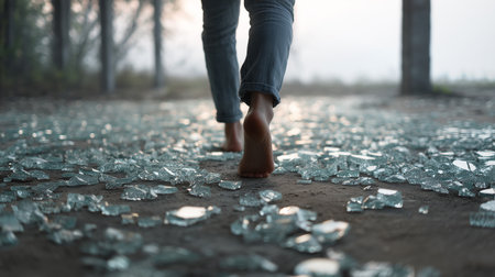 A person walks slowly across shards of glass, evoking feelings of shame and guilt in twilightの素材
