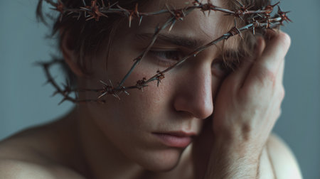 A person shows intense emotion, feeling overwhelmed by guilt and shame, burdened by thoughtsの素材