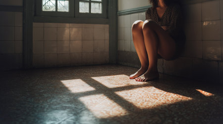 A person sits curled up in a dimly lit room, reflecting deep emotional struggles in solitudeの素材