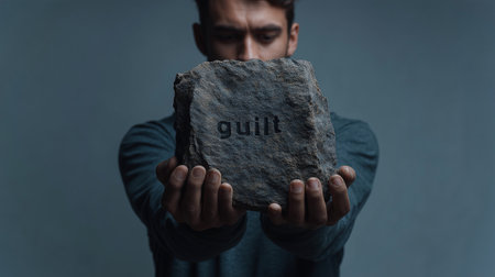 A person lifts a heavy stone labeled guilt, symbolizing emotional distress and pressureの素材