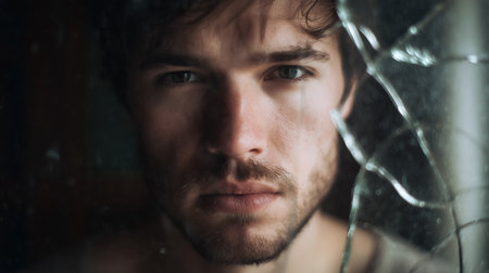 A person stares intensely, revealing emotional turmoil amid shattered glassの素材