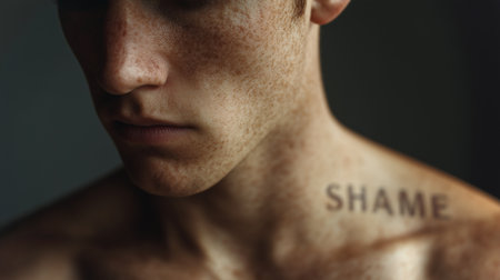 A person shows deep emotional pressure, feeling shame and guilt in a dimly lit settingの素材