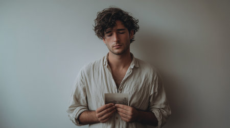 A person with curly hair expresses deep emotions while holding a photograph, reflecting on feelingsの素材