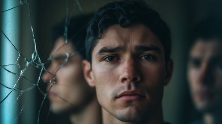 A person reflects on inner turmoil, surrounded by broken glass symbolizing emotional painの素材