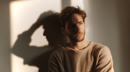 A person stands in a softly lit room, deep in thought about emotional burdensの素材