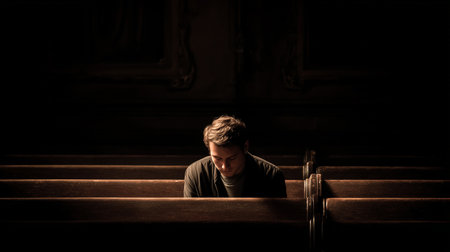 A person sits quietly in a dimly lit setting, burdened by feelings of shame and guiltの素材