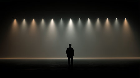 A solitary figure faces a wall of soft lights, embodying emotions of burden and pressureの素材