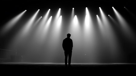 A lone figure feels intense emotion amid bright lights in a dark settingの素材