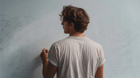 A person stands by a blank wall, writing under intense emotional pressureの素材