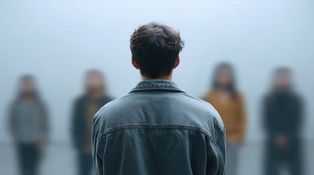 A lone person in mist faces blurry figures symbolizing emotional strugglesの素材