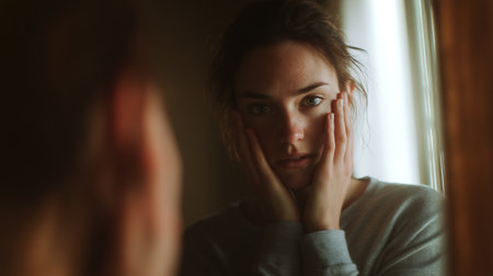 A person stands by a window, pressing hands against their face, overwhelmed by deep emotionsの素材