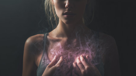 A person in shadows stands with hands over their chest, revealing inner turmoilの素材