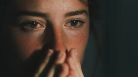 A person lost in thought shows signs of emotional stress and deep guiltの素材