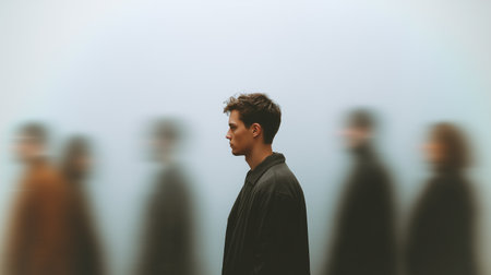 A person stands still, confronting feelings of shame and emotional pressure in a crowdの素材