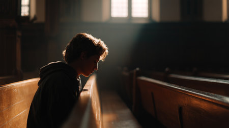 A person reflecting in a dimly lit church, conveying feelings of shame and psychological burdenの素材