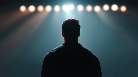 A person stands alone in a spotlight, contemplating emotional burdens and inner strugglesの素材