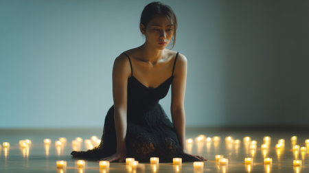A person kneels among flickering candles, consumed by feelings of shame and guiltの素材