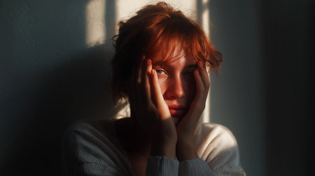 A person with red hair shows deep emotional struggle while leaning against a wall in soft lightの素材