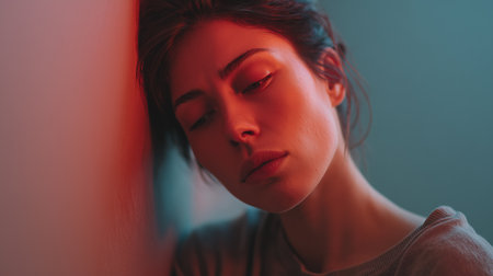 A person leans against a wall, showing shame and guilt under mental pressureの素材